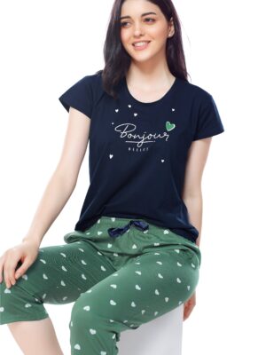 Womens Cotton Navy Blue Heart Printed Capri Set